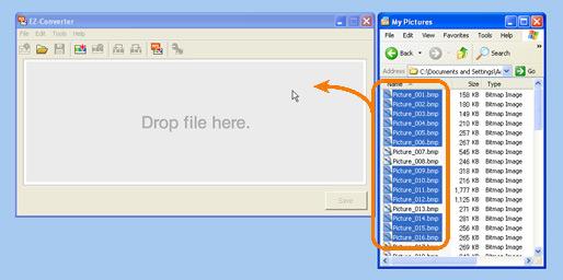 3 Drag the selected files into the EZ-Converter window. This will insert the image files into the presentation data and display their thumbnails in the EZ-Converter window.
