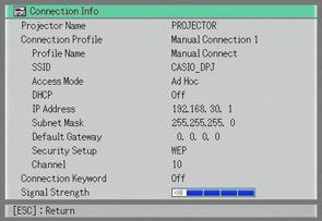 To view the YP-00 s current connection profile information While Wireless is shown in the projection area, press the [FUNC] key on the YP- 00 remote controller.