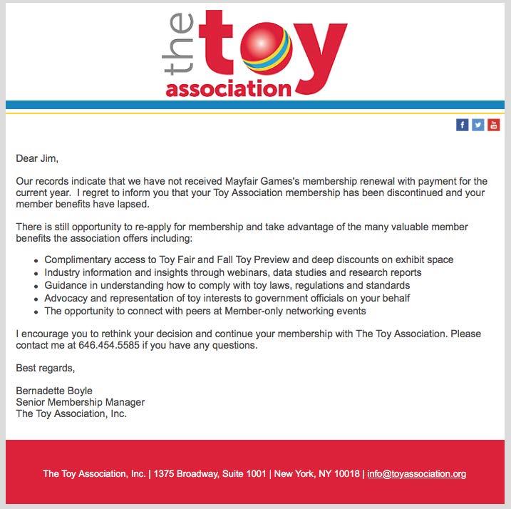 Process Automation The Toy Association Cancellation Letter Sent to all member company reps.
