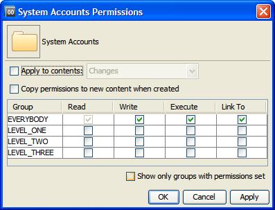 Controlling access to HP OO objects Setting permissions Tip: You can hide the groups for which there are no permissions set by selecting the Show only groups with permissions set check box. 2.