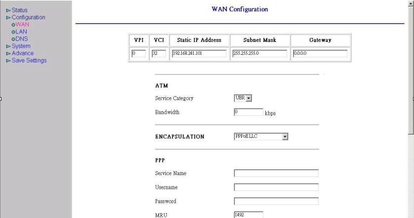 4.2.2 Configuration WAN Configuration The screens below contain settings for the WAN interface toward Internet. VPI: Consult the telephone company to get the Virtual Path Identifier (VPI) number.