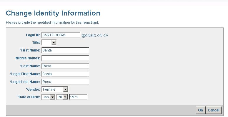 If you have selected the first option, you can modify Login ID, Title, First, Last and Middle Names. 3. Click Next. This takes you to the Change Identity Information screen.