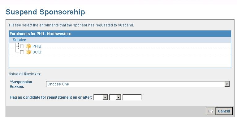 1. On the Enrolments tab click Manage Enrolments and Roles. This displays the enrolment modification options. 2. Click Suspend Enrolments. This takes you to the Suspend Sponsorship screen. 3.