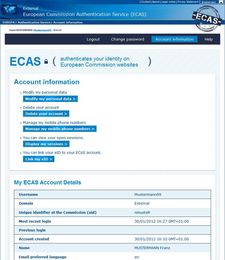 6 SHOW ACCOUNT DETAILS IN ECAS When selecting View my details..., as described on the previous page, you will see the screen shown below. Otherwise click on 1 Account information.