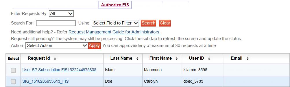 To administer multiple requests: 1. Click Authorize Application. 2. Select the users you are approving or denying. From the Action menu, select Approve or Deny Selected Requests Click Apply.