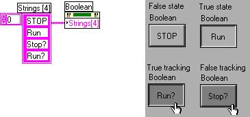 Lesson 2 Designing Front Panels Boolean Property: Strings [4] The Strings [4] property, shown at left, sets or reads the labels on a Boolean control.