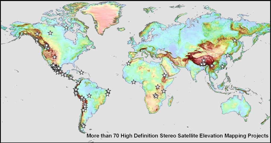 PhotoSat stereo satellite processing history PhotoSat has completed over 100 high definition stereo satellite elevation mapping projects since high resolution stereo satellite photos first became