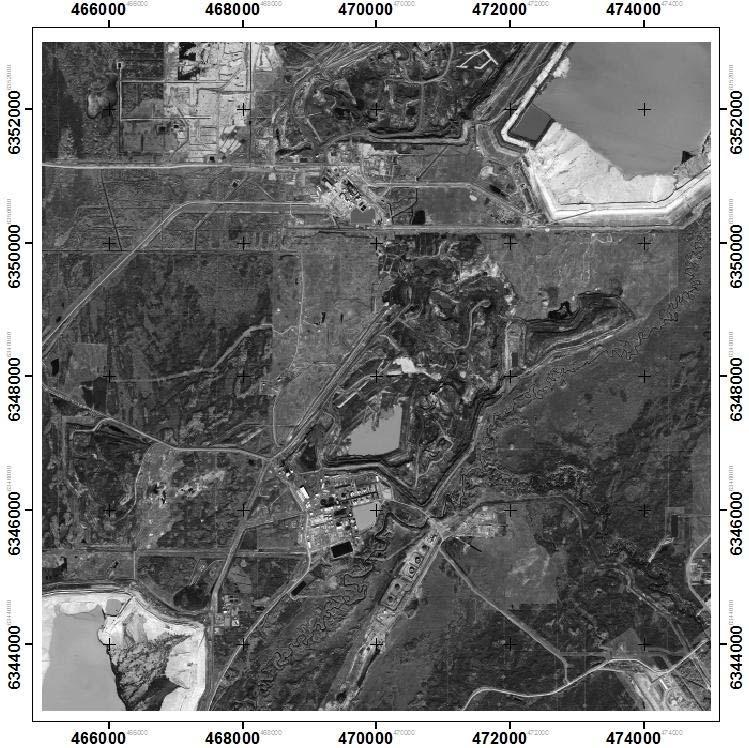 Mine site mapping WorldView-1 greyscale photo of a 10 km x 10