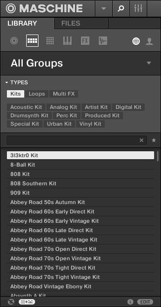 First Steps Loading a Drum Kit from the Factory Library 4. In the TYPES filter, select the Kits.