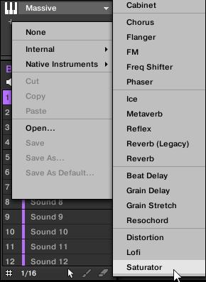 Applying Effects Loading Effects 6. In this menu, click the Saturator entry to load it. The Saturator plug-in is now loaded and is ready to be tweaked.