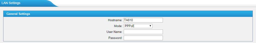 Figure 3-3 PPPoE Fill in user name and password to access the Internet via PPPoE. 3.1.2 Service The administrator can manage all the access methods on TA on the "Service" page.