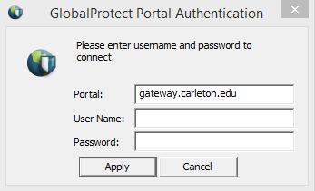 10. After the installer runs ( again, this may take several minutes to appear), a configuration window opens as shown here: a. b. c. Portal: auto-populates with "gateway.carleton.