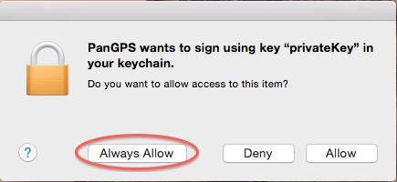 If a window opens asking you about PanGPS and a "privatekey" as shown here, Click "