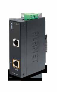 Industrial IEEE 802.3at Gigabit High over Ethernet Injector (Mid-Span) Interface 2-port RJ-45 interfaces 1-port + output 1-port input One terminal block for master and slave power input.