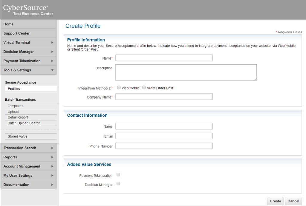Figure 2 CyberSource Business Center - Create New Profile 2.1.2. General Settings After you have saved the profile, you can begin configuring it.