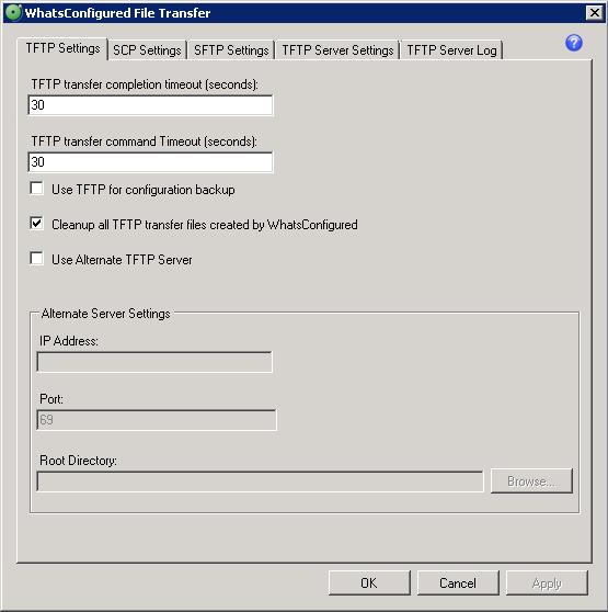 STEP 4: Configure File Transfer Settings WhatsConfigured requires either an SCP or SFTP server for secure device configuration restorations, and a TFTP server for non-secure device configuration