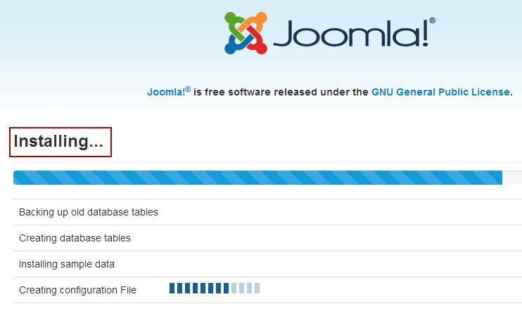 Once all is as it should be in the Overview screen click Next located at the top right hand side of the Overview screen. Diagram 4 The Joomla 3.X installation process begins as shown in diagram 4.