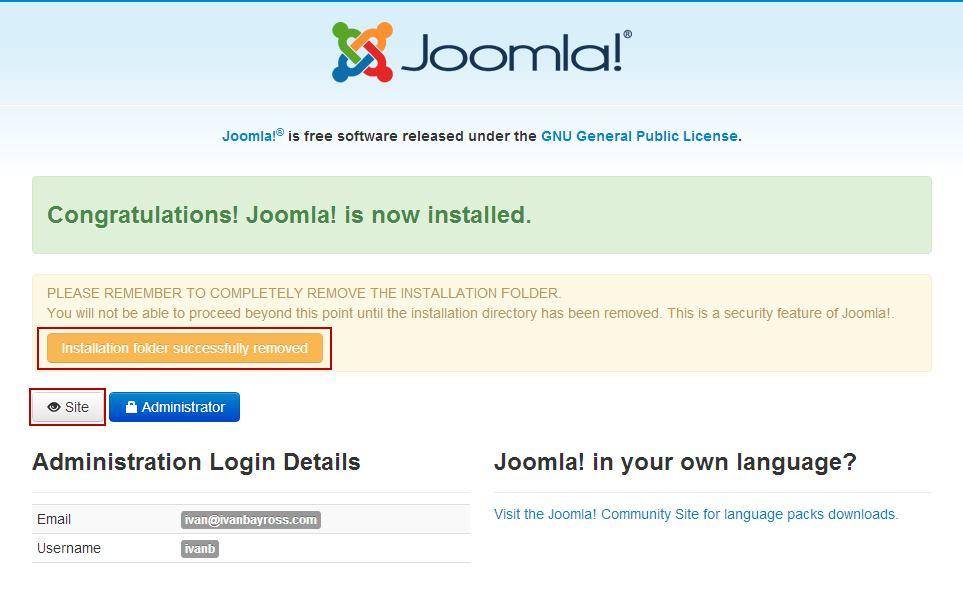 Click Remove installation folder and this job is taken care of for you by Joomla s installation process itself.
