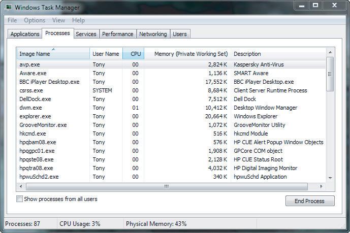 Figure 1.2.2 The Windows Task Manager utility. are batched for later processing but the PIN for a customer must be checked in real time. You must be specific and justify your choice.