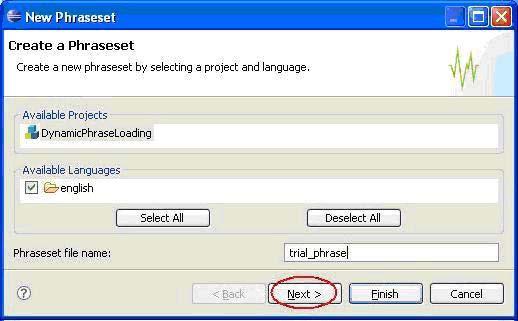 Figure 8: Identifying the project, language and naming the phraseset file Step 3 Browse to the appropriate directory (containing phrase audio files) using the Browse button and click