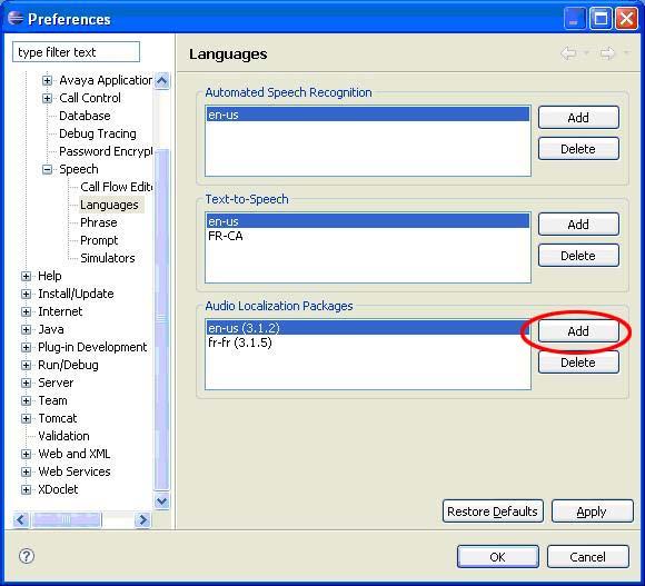 Step 3 Under Audio Localization Packages, click Add (Figure 20). Browse to the location of the localization bundle.jar file previously downloaded at Step 1 and click OK.