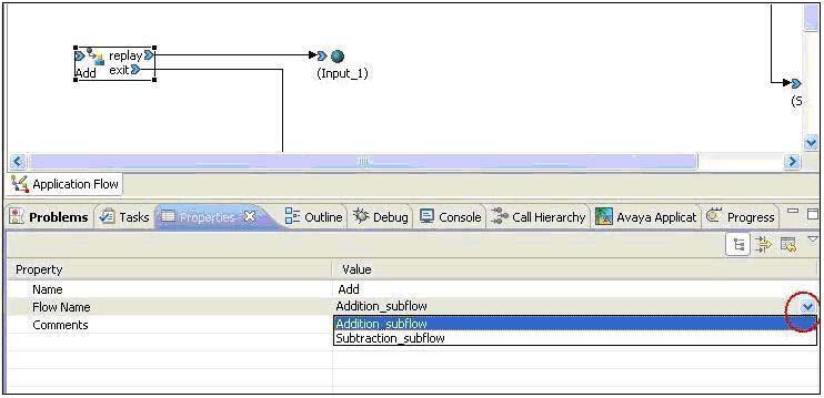 Figure 5: Selecting a flow name in the Properties tab of a sub-flow node Once the call flow is complete, depending upon the caller s choice, the Add or Subtract sub-flow is executed. 2.