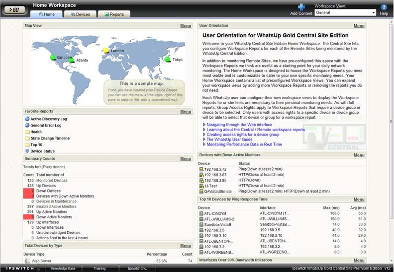 Workspace Reports: learning about the Central/Remote Workspace Reports The WhatsUp Gold Home workspace is the first screen you see after logging in to the WhatsUp Gold web interface.