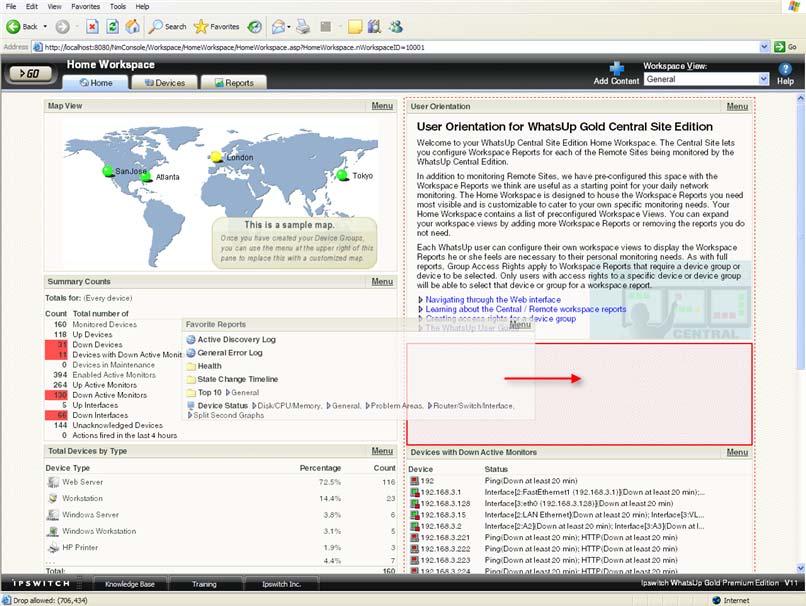 Moving and removing Remote/Central workspace reports WhatsUp Gold supports drag-and-drop within the web interface.