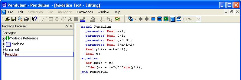 model Pendulum parameter Real m=1; parameter Real L=1; parameter Real g=9.81; parameter Real J=m*L^2; Real phi(start=0.