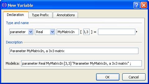 Example of defining a 3 x 3 matrix Real parameter.