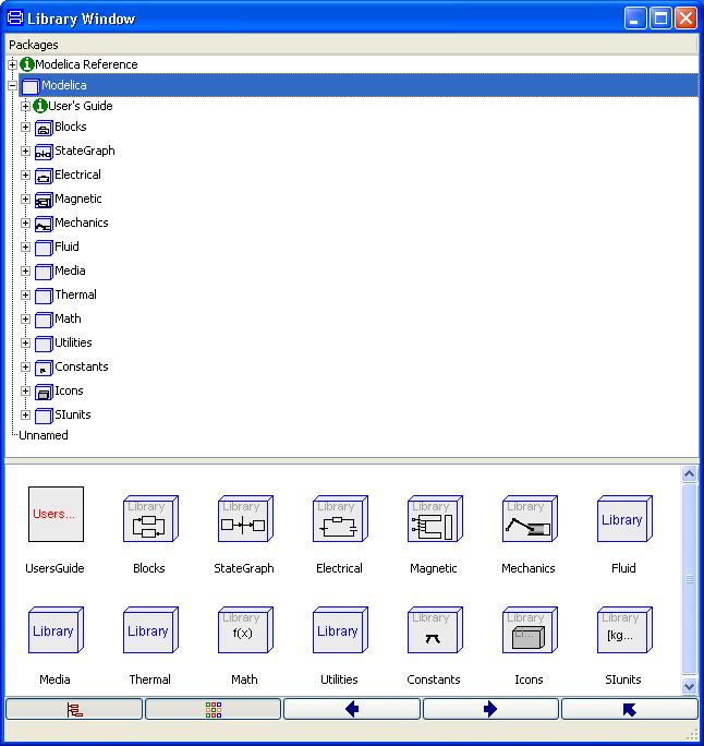 A library window displaying the Modelica Standard Library. A Library window includes a package browser, where the components of the selected sublibrary are displayed in a part of the window.