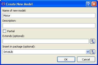Inserting Motor in DriveLib. An empty Motor model. Click OK. The package browser shows that DriveLib has a component Motor as desired.