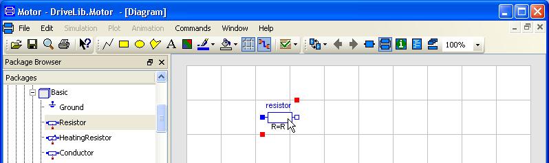 Inserting a resistor component. The parameter dialog of a resistor with default settings. When inserting a component it is given an automatically generated name.