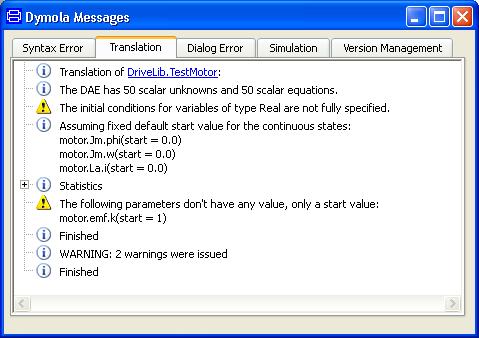 1.4.6 Handling the warnings When simulating the TestMotor, warnings can be seen by looking at the Translation tab of the Message window.