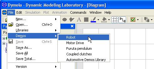 Opening a demo example. The robot demo. Dymola starts loading the model libraries needed for the robot model and displays it.
