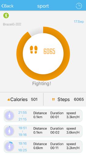 The Calories details screen are displayed as below: This shows calories burnt today and the actual activities, with distance, duration and speed of action where the calories were burnt.