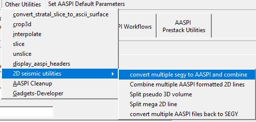 1. Convert multiple SEGY files to AASPI-formatted files and combine: Program aaspi_segy_read_batch This tool will help you convert multiple 2D or 3D SEGY datasets into AASPIformatted files.