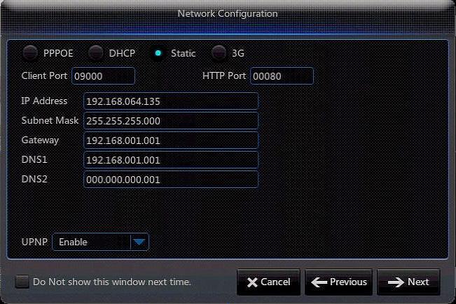 2.1.4 Network configuration Media port (default: 37777) Type setting Web port IP address (default: 192.168.1.108) Subnet mask Gateway DNS 1 (default: 8.8.8.8) DNS 2 (default: 4.4.4.4.) Step 1: Select Static in the Type line.