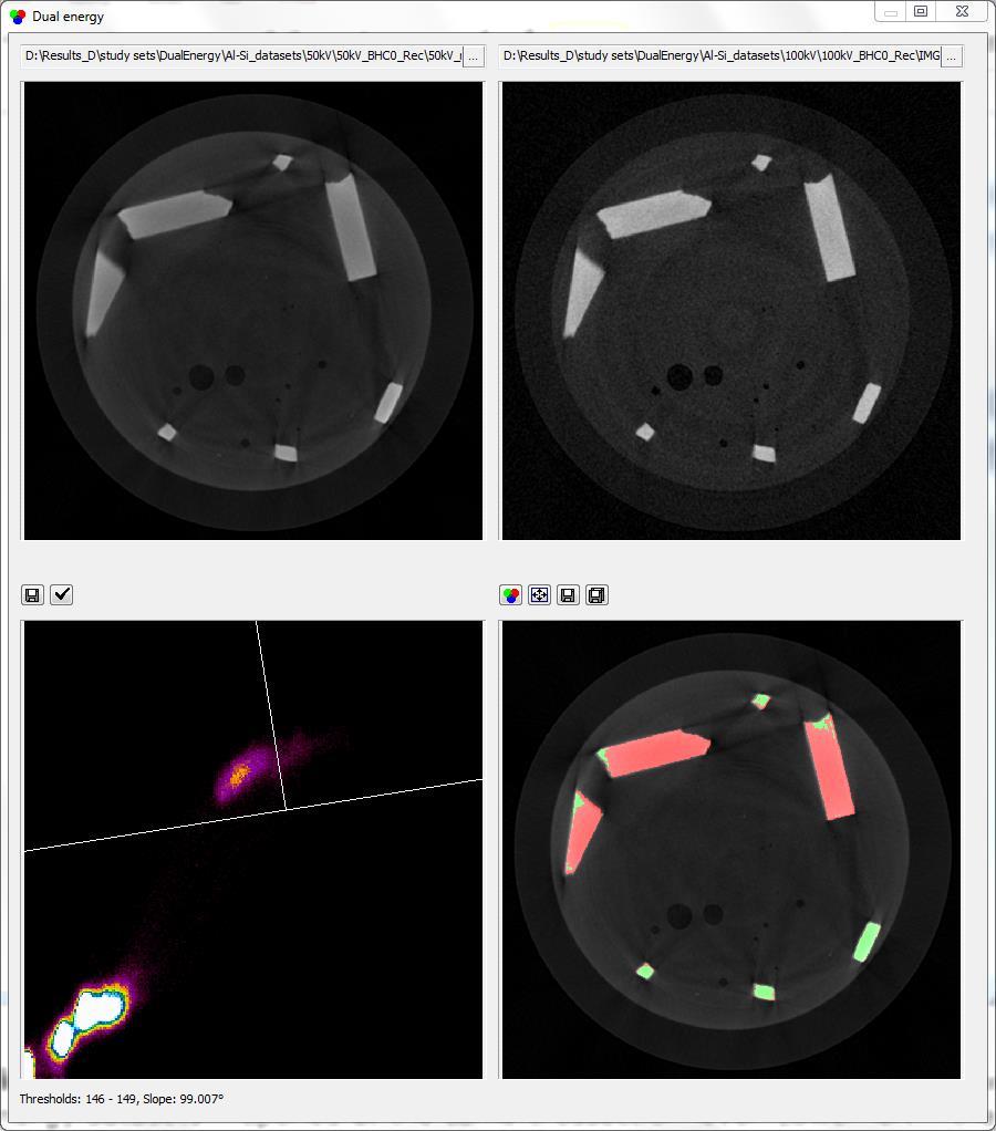 6 Method note: Dual-energy microct analysis Figure 4. The DEhist program window. Upper left and right the low and high energy datasets opened at the same crossection level.