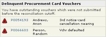 ) This section shows the Upper Level user any cardholder within their org that has either an outstanding* or delinquent** voucher.