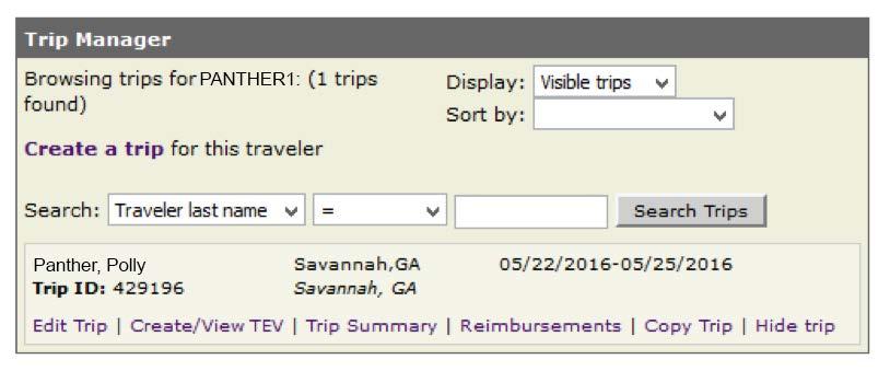 Edit Trip provides a detailed view of trip information: destination, trip purpose, travel dates, comments, funding account, etc.