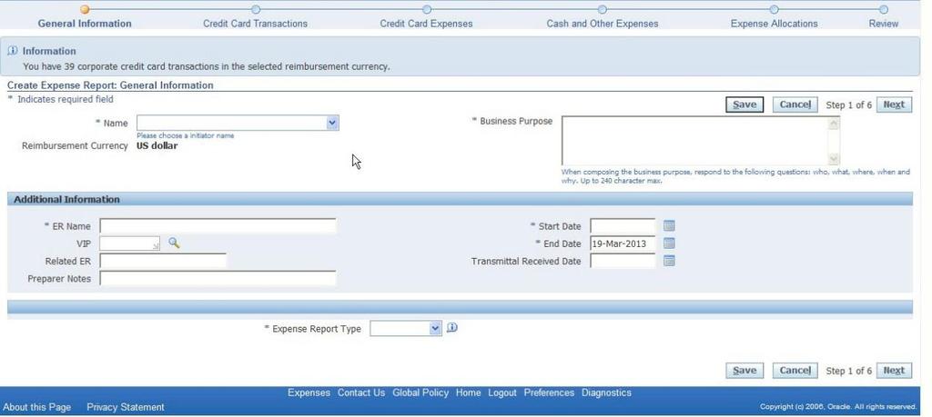 5 After clicking Create Expense Report, the Create Expense Report General Information page displays. Note the progress bar at the top of the page.