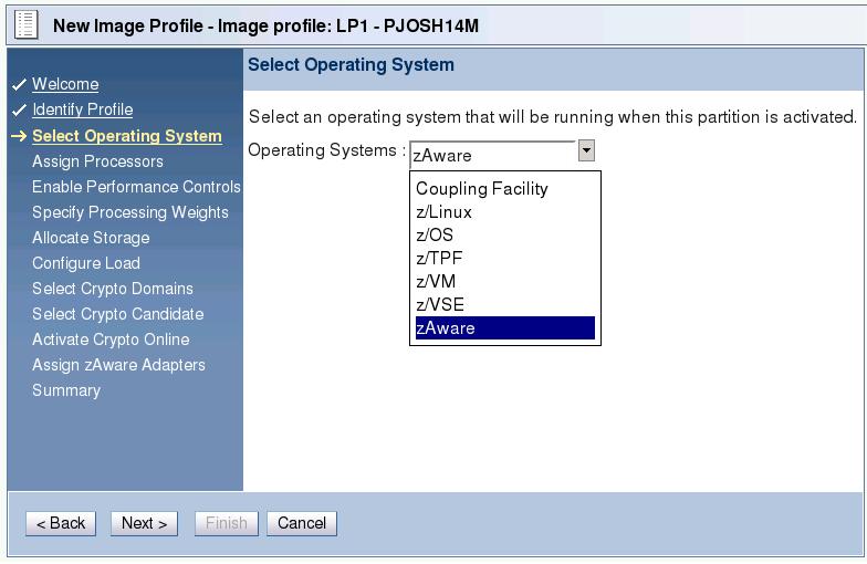 Defining the zaware Image Profile (Wizard) Setting the Operating System type (i.e.