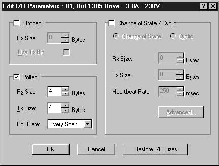 4-4 Configuring the Scanner Figure 4.4 Edit I/O Parameters Dialog Box 8. Select the type(s) of data exchange (Polled, Change of State, and /or Cyclic). In our example, we selected Polled. 9.