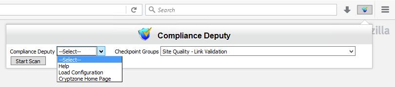 7. From the Compliance Deputy drop down list, select Load configuration. 8. A new browser tab is displayed to allow you to load the configuration file.