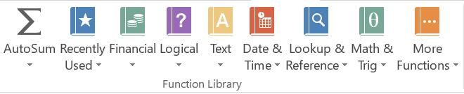 4 Function Library 1. Click in the cell where you want to create a formula. 2. Click on Insert Function underneath the Formulas Tab. 3.