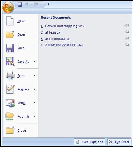 Office Button, Tabs and Ribbons Office Button The File menu selection located in the upper left corner in