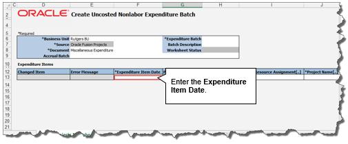 11. Moving down within the spreadsheet to the Expenditure Items region, begin with the Expenditure Item Date. This is either today s date or the last date of the prior month, if the period is open.