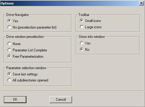 Options The Options dialog box provides five areas for defining EasyComm operations: Drive Navigator Drive Window
