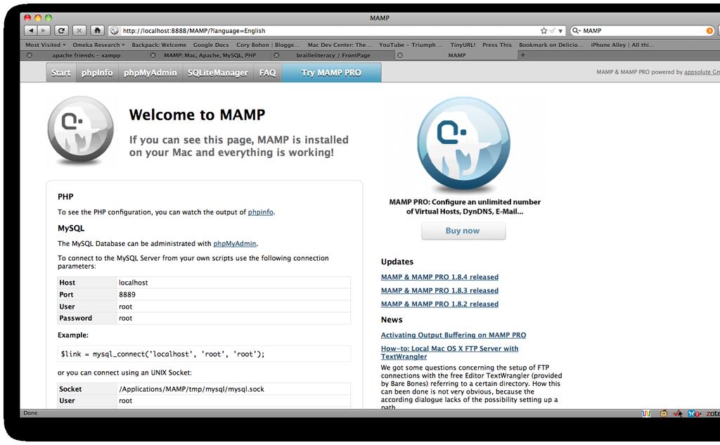 Figure 2: The MAMP start page Mac only: Aminoradjustment When you opened up the MAMP home/test page, you may noticed that the URL included an ugly :8888. Let s get rid of that.